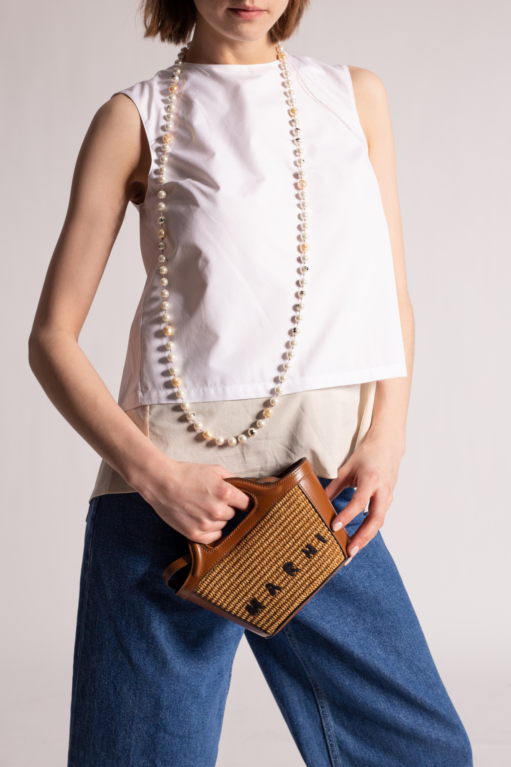 ★MARNI★ Tropicalia Micro Crossbody Arabesque BMMP0067Q0P38 Tropicalia Micro Bag in ivory leather and raffia-effect